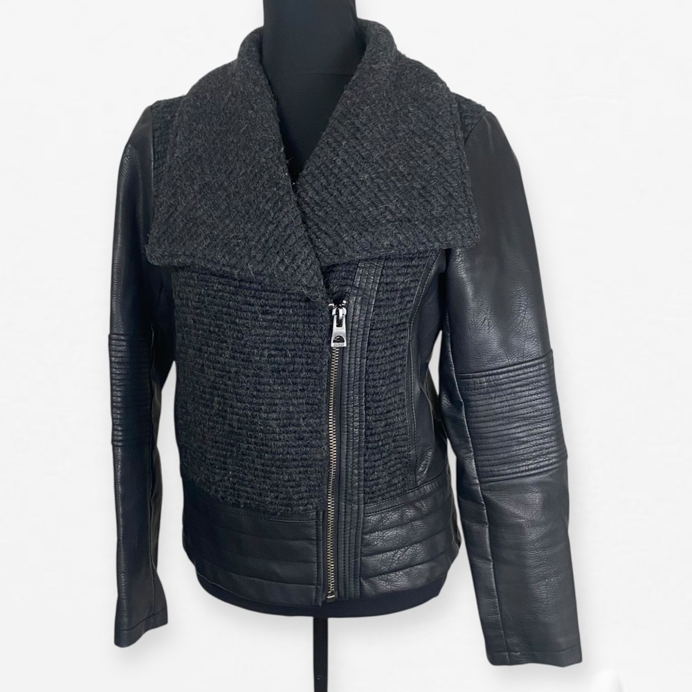 Guess Gray Wool knit sweater collar and faux black leather moto Jacket M